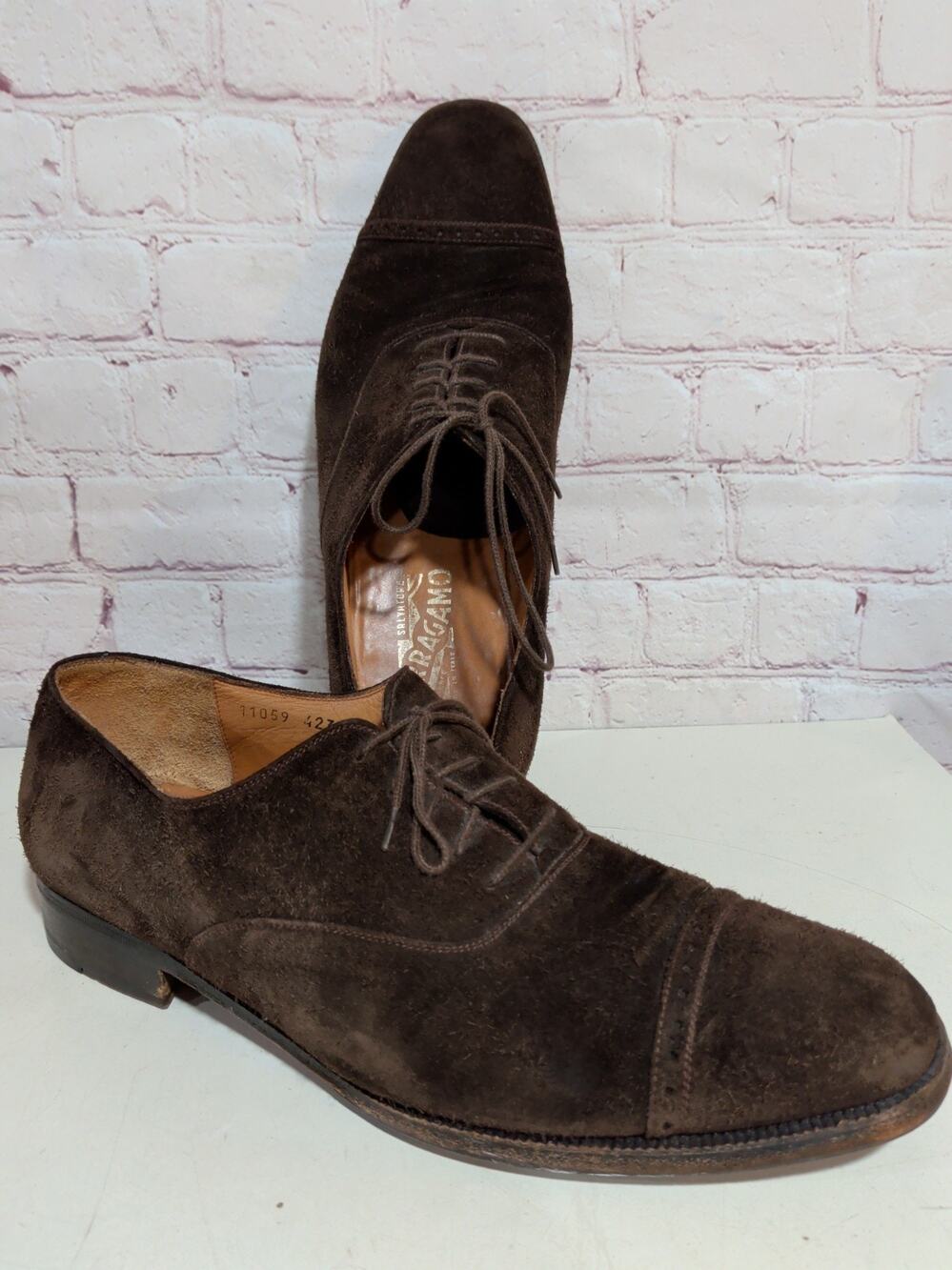 Salvatore Ferragamo Mens Brown Suede Cap Toe Oxford Dress Shoes 10.5D Italy